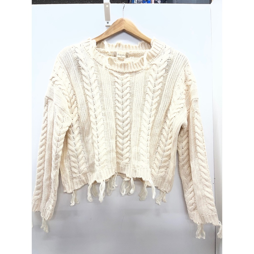 Altar'd State Cream Cable Knit Cropped Fringe Sweater Small Ivory Boho Distress